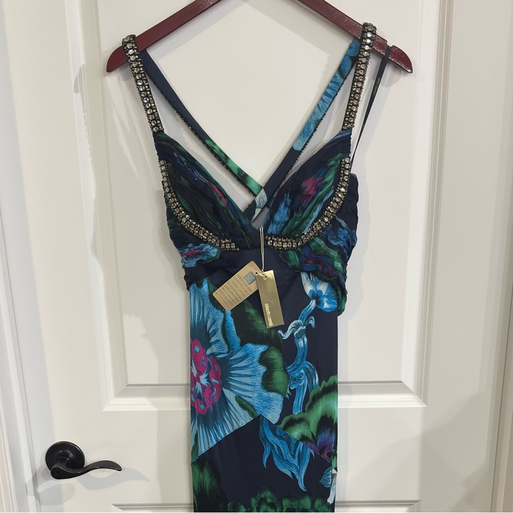 Roberto Cavalli Printed Silk Crystal Cross Maxi Dress